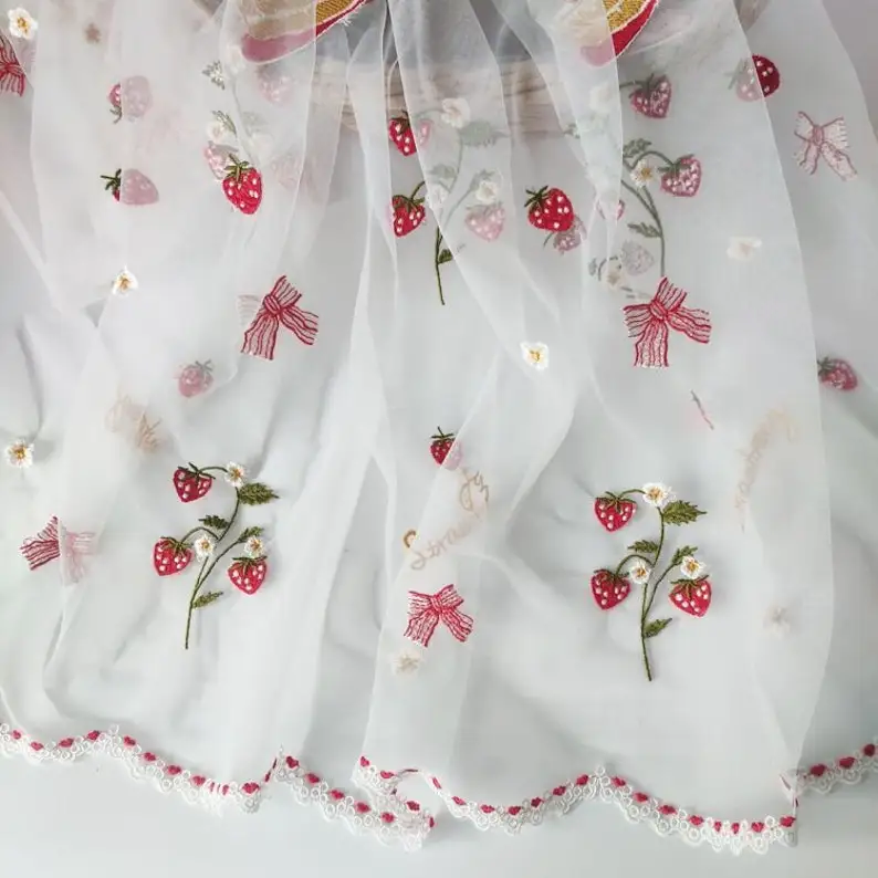 Strawberry Cake Pattern Embroidered Lace Fabric  Strawberry  Bilateral Scalloped Edge Wedding Fabric Baby Dress Lace 51