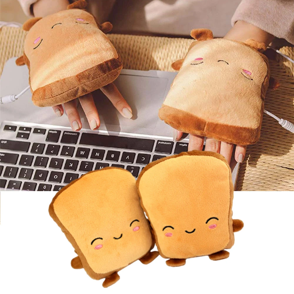 

1 Pair Heating Warm Face Warmers Fingerless Hand Warmers Cute Cartoon Toast USB Warmer Heated Gloves