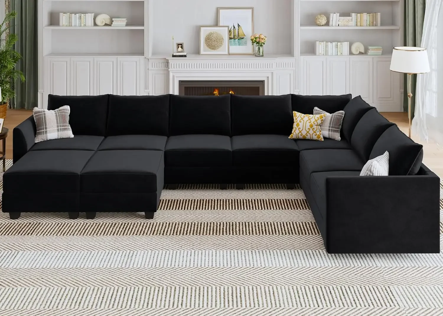 Modular Sectional Sofa Velvet U Shaped Couch with Storage Oversized Sectional Sofa Couch for Living Room, Black