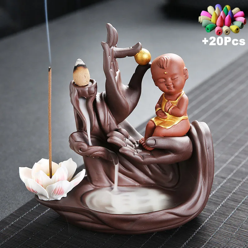 Gift 20Cones Zen Monk Buddha Hand Ceramic Incense Censer Backflow Stick Holder