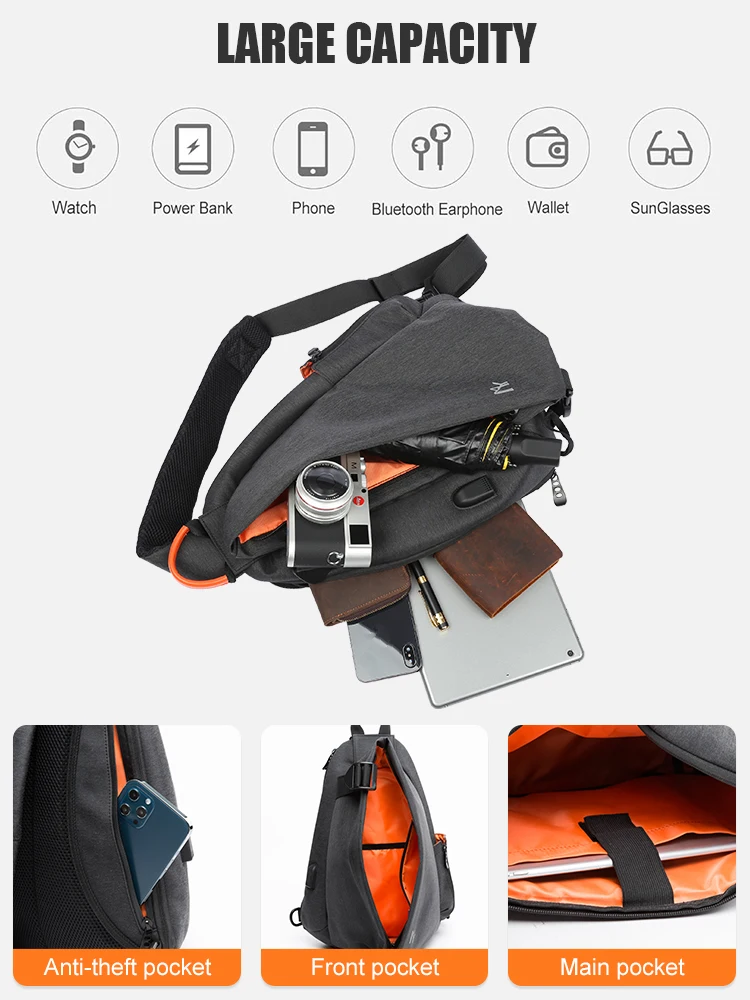 2024 Fashion Men Crossbody Bag with USB Charging Large-capacity iPad Waterproof Chest Bag Sport Motorcycle Shoulder Bag