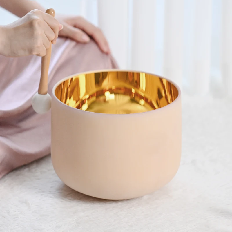 Crystal Singing Bowl Golden Frosted Quartz with Carved Metal Technique Gift for Sound Meditation Practice
