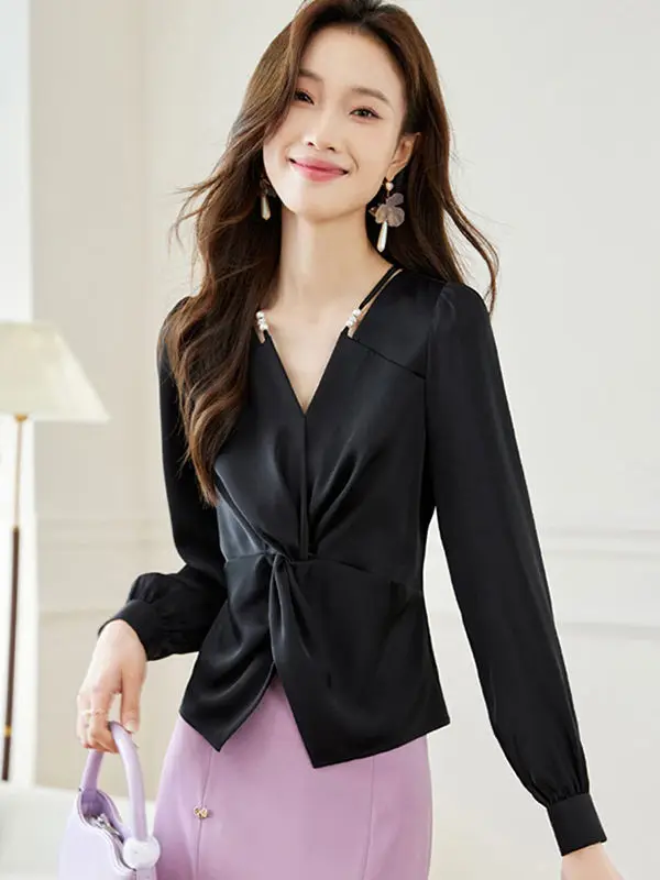 New Satin Shirt with Women\'s Long Sleeves and Waist Cinching Design Niche Fashion Slim Fit and Stylish Versatile Top