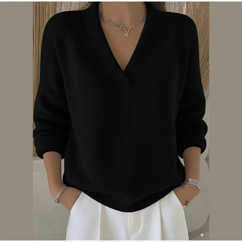Damen-Strickwaren, V-Ausschnitt, langärmelig, Strickpullover, Herbst, einfarbig, locker geschnitten, Basic, vielseitig kombinierbar, Frühling, neue Streetwear-Kollektion. – Detail 5