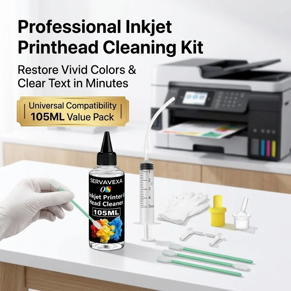 

Набор для чистки печатающих головок SERVAVEXA 105 мл – Очиститель для печатающих головок Epson, HP, Canon, Brother – Прочистка сопел и устранение полосок