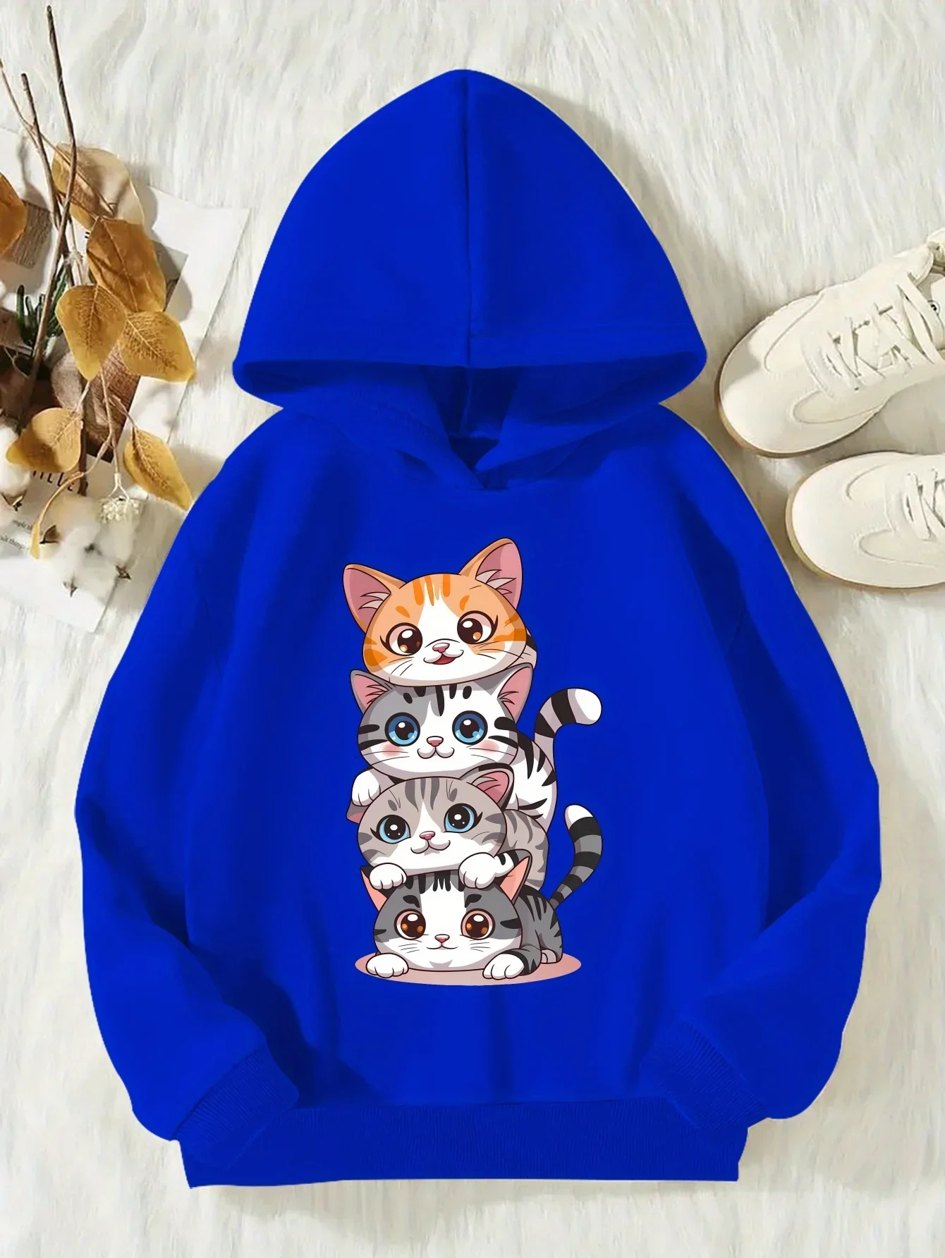 Adorable Stacking Cats Kids Hoodie Colorful Cartoon Kitty Family Graphic Autumn Winter Fleece Soft Children Fashion Hoodie