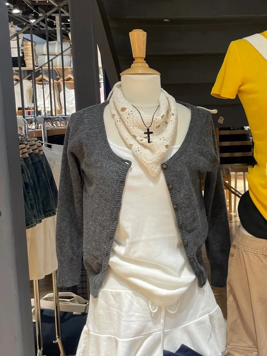 

Темно-серый тонкий короткий кардиган, женский однобортный свитер с круглым вырезом и длинными рукавами, милый винтажный модный джемпер, новинка осени