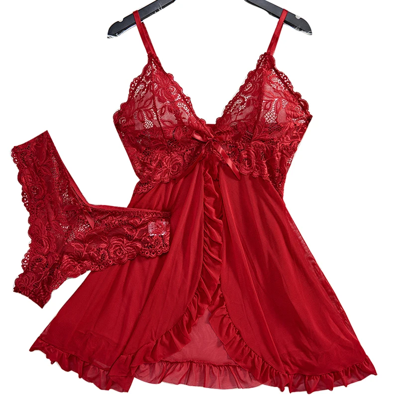 Transparent Red Sexy Lingerie Women's Underwear See Through Sleepwear Lace Nightdress And Panty Pijamas Sets Female Sexy Nighty