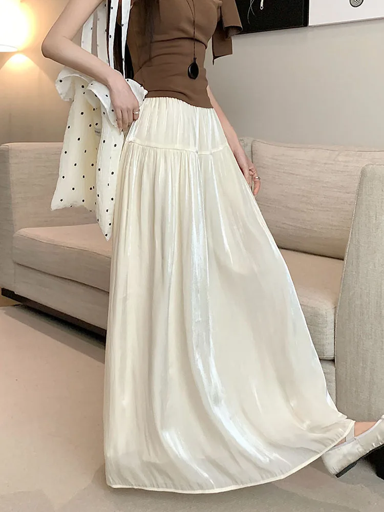Fashion Elegant Long Skirt Women Spring Summer Chic Office Lady A Line Skirts Female High Waist Korean Folds Loose Casual Skirt