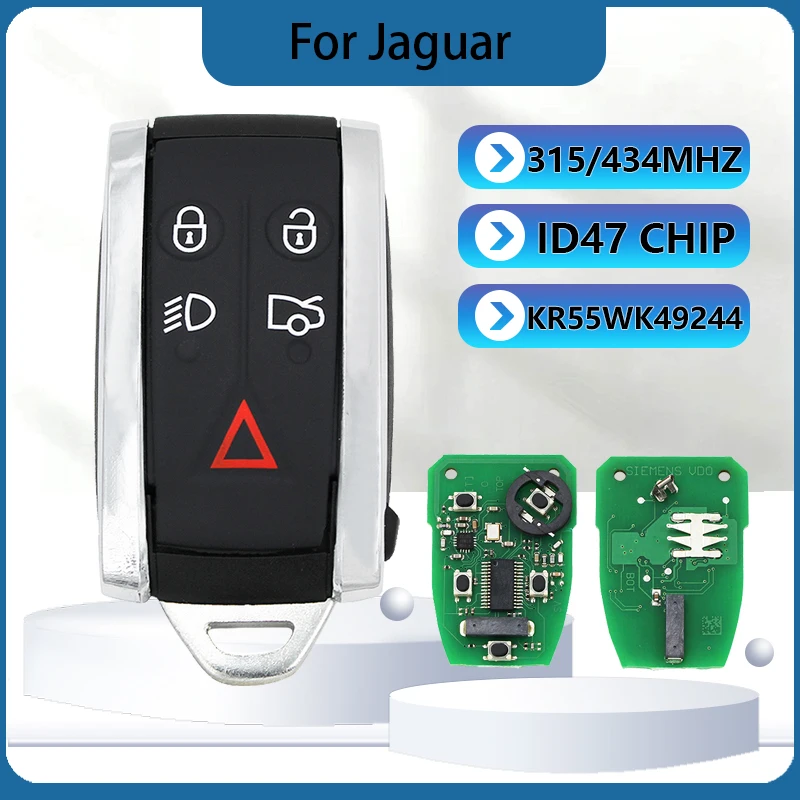 アフターマーケットスマートリモートキー-5ボタン-315-434mhz-49チップ-fcc-kr55wk49244-pn-6w83-15k601-eb-ジャガーxf-xfr-xk-xkr-2009-2013用