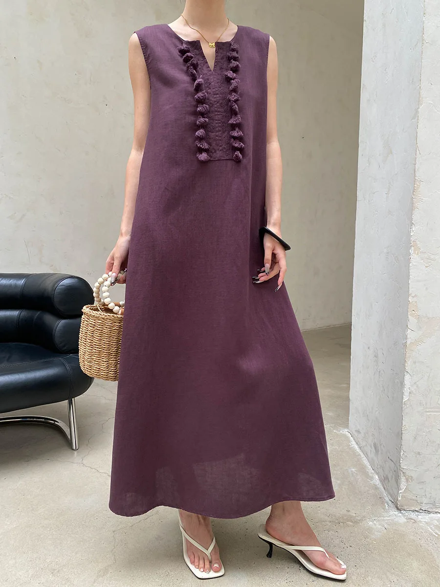 Sommerliches, lässiges, einfarbiges, ärmelloses Westenkleid für Damen mit V-Ausschnitt, Stickerei und Quasten – Detail 18
