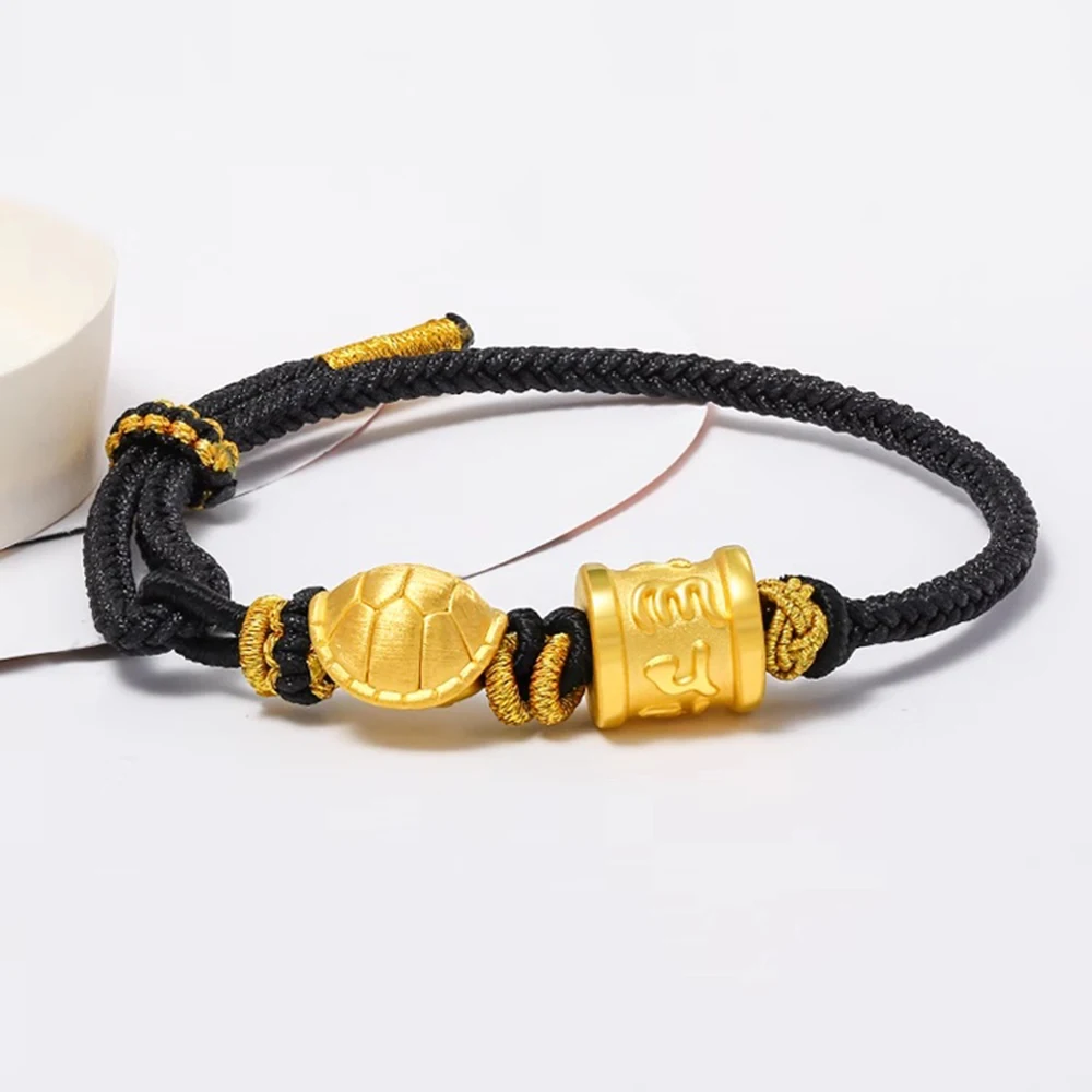 

Pure 24K Yellow Gold Women Men Bracelet 3D Six-word Motto Turtle Shell Black Cord Knitted Bracelet