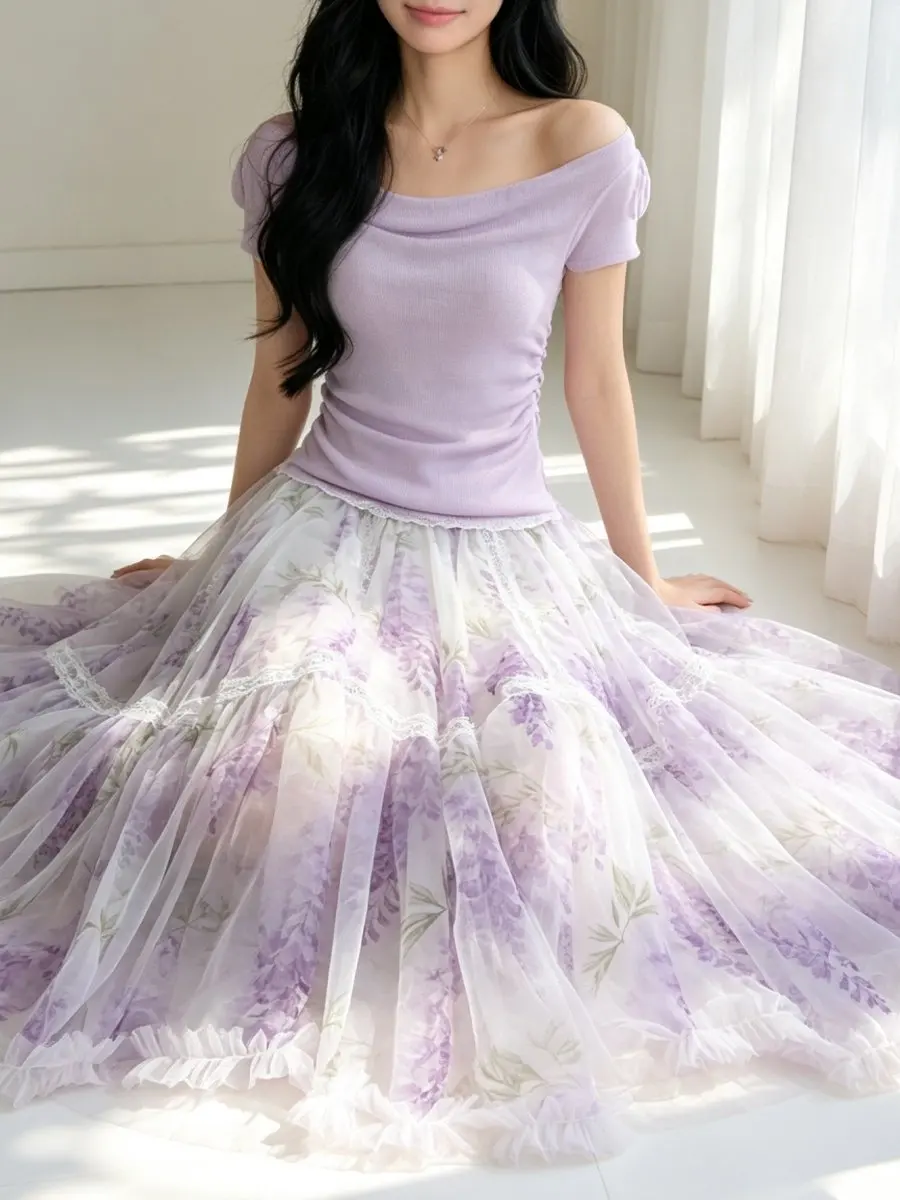 TIYIHAILEY Nuevas faldas largas de malla para mujer, de verano y primavera, hasta la pantorrilla, de alta calidad, estilo vestido de gala, con dobladillo grande, estampadas, hechas a medida.