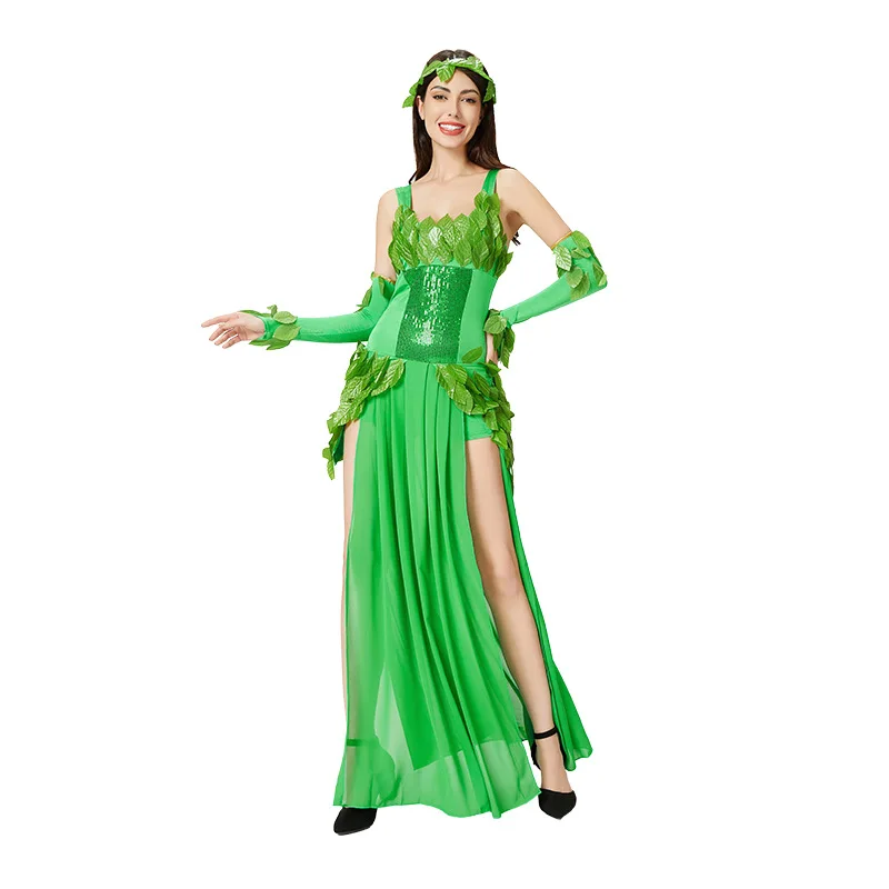 Halloween Fairy Tale Character Role-playing Costume Forest Elf Flower Fairy Stage Performance Clothing Green Suspender Dress Set