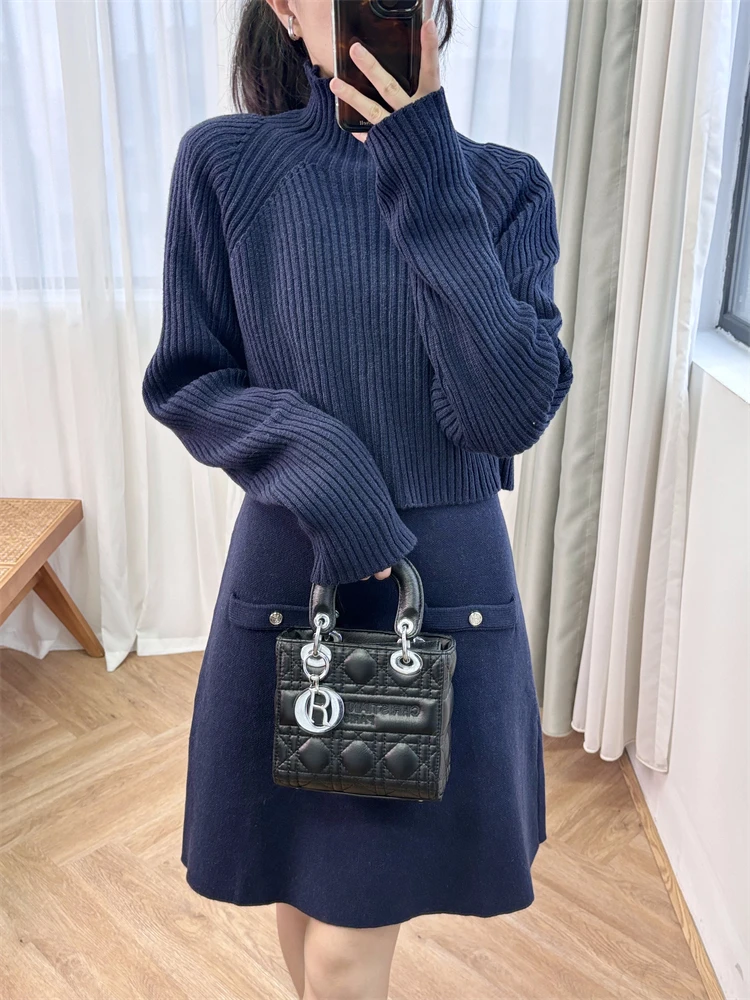 2 piece sets women outfit Deep Blue Two piece Simple Short Knitted Dress Knitted Shirt Elegant M Home 2024 Autumn New Collection