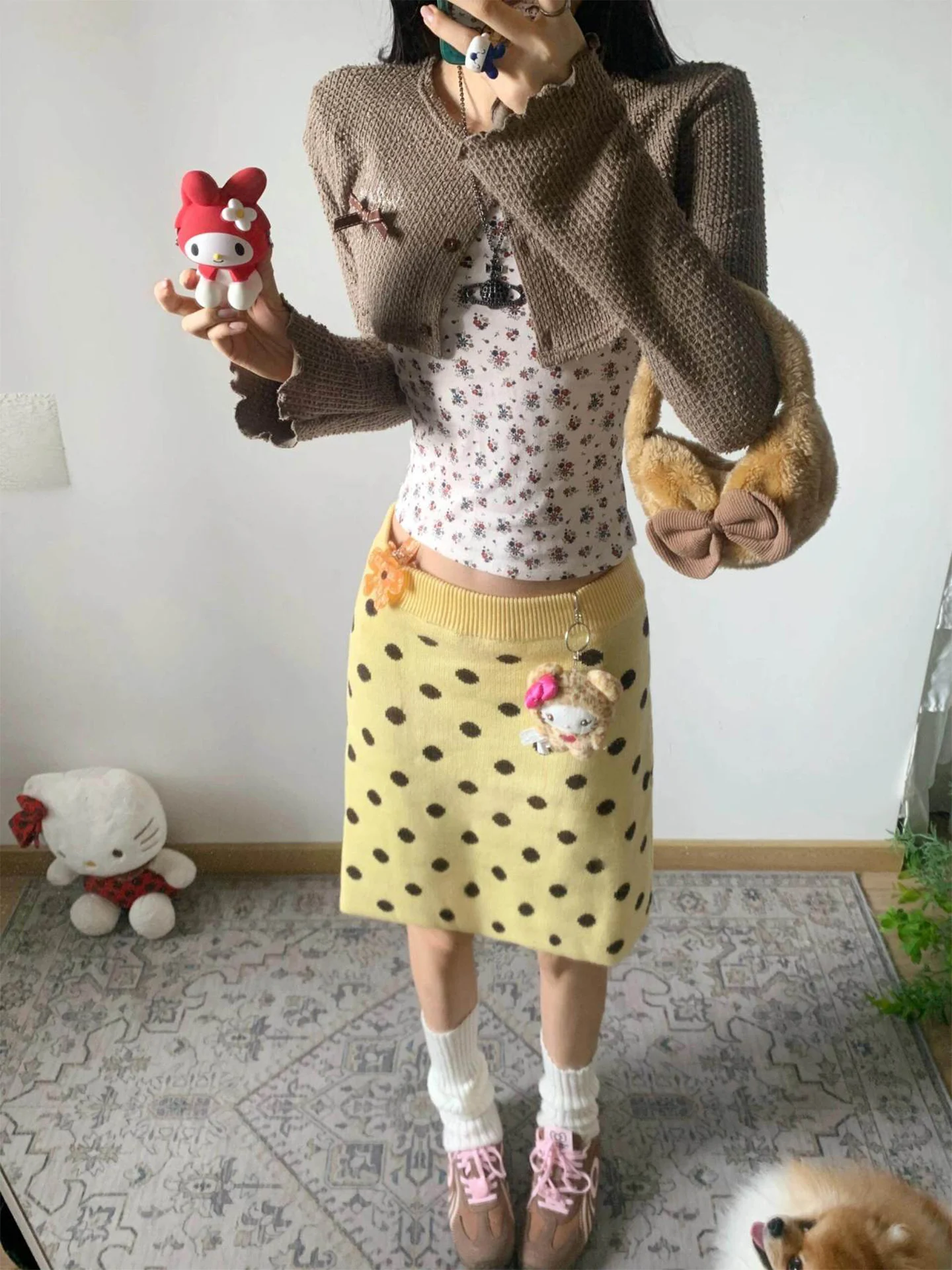 Yellow Polka Dot Knitted Half Skirt Women's Autumn Winter Straight Leg Sweater Short Skirt Slimming High Waist A-Line Skirt