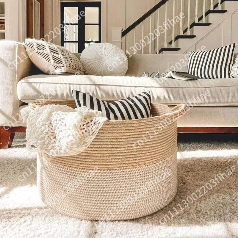 Cotton rope woven large-capacity storage basket clothes toy sundries with handle color matching dirty clothes basket