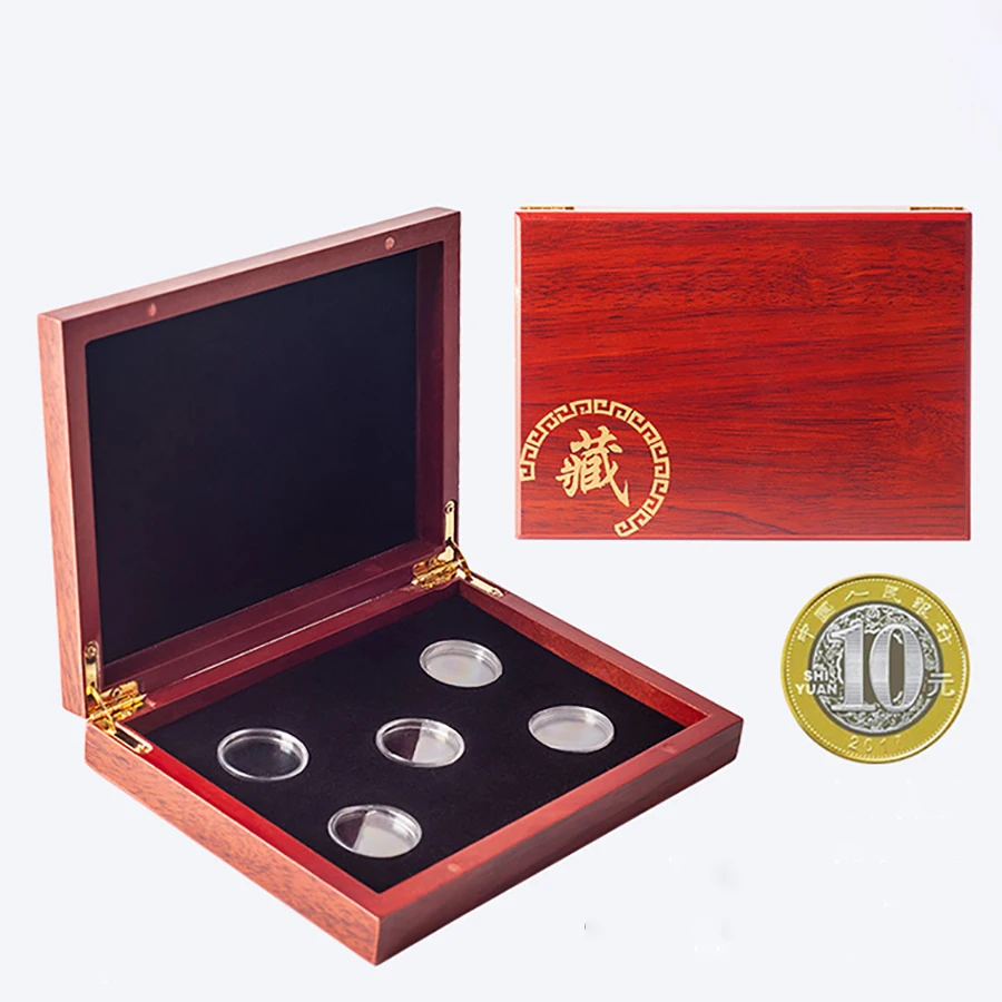 Red Round Coins Case Holders Storage Container Display 27mm 40mm Cases Wooden Box Commemorative Coins Collection Box CY