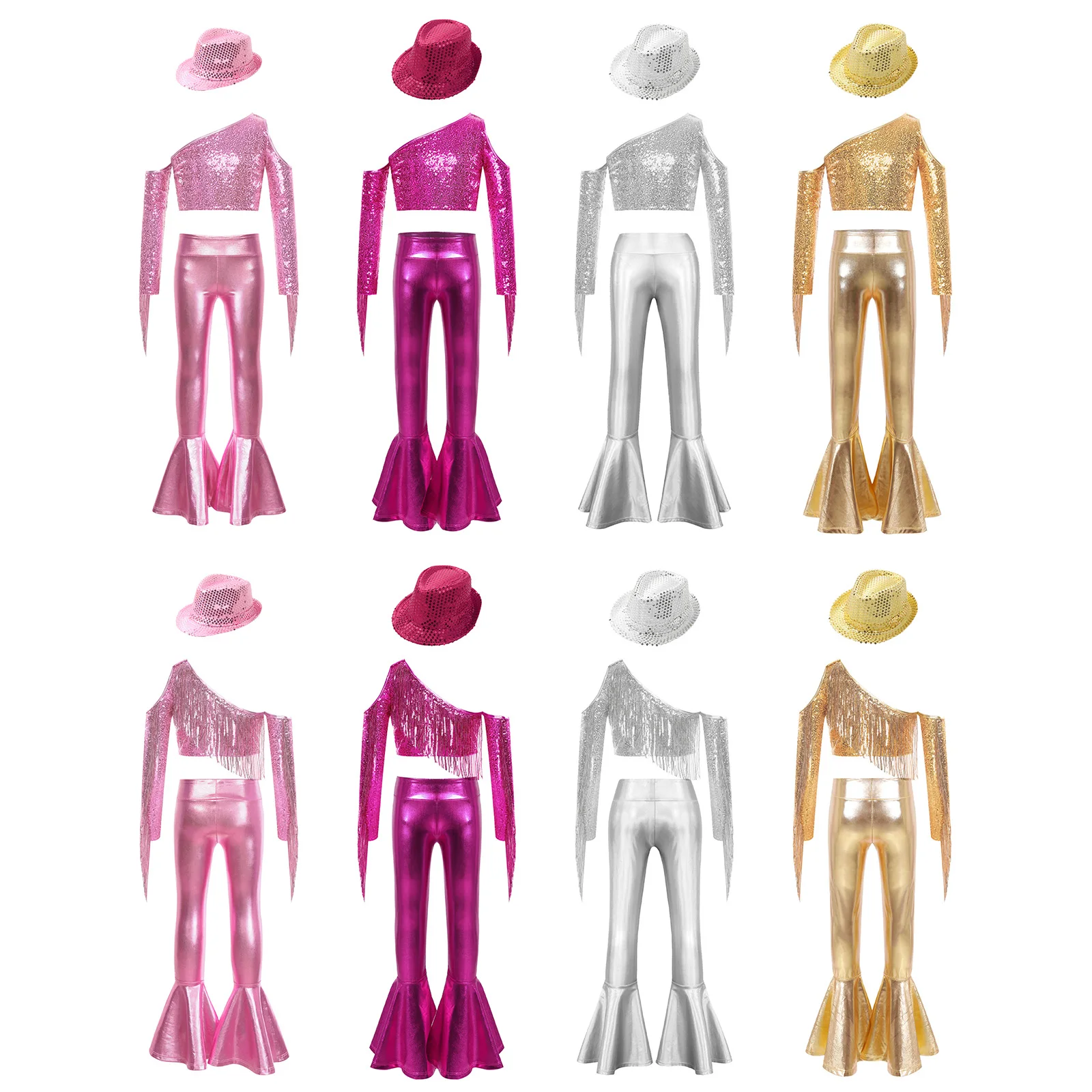 Kids Girls Sequin Tassels Dancewear 60s 70s Disco Sets Top Flares Pants Hat Hippie Jazz Dance Outfit Stage Performance Costume view 2