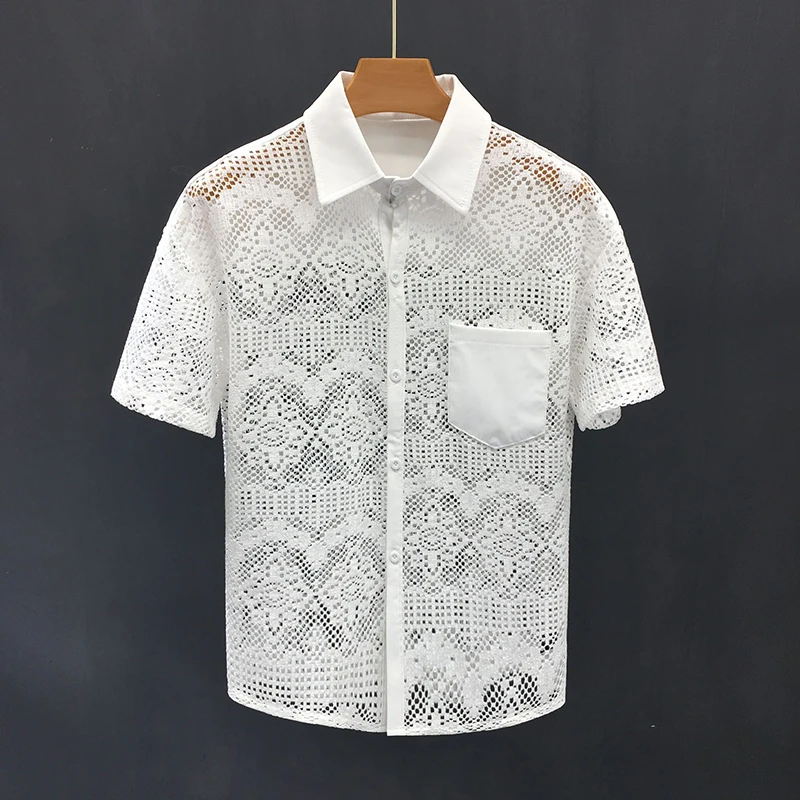 

Fashion Lapel Spliced Pockets Hollow Out Shirts Men's Clothing Summer New Loose Solid Color Punk Tops All-match Shirts