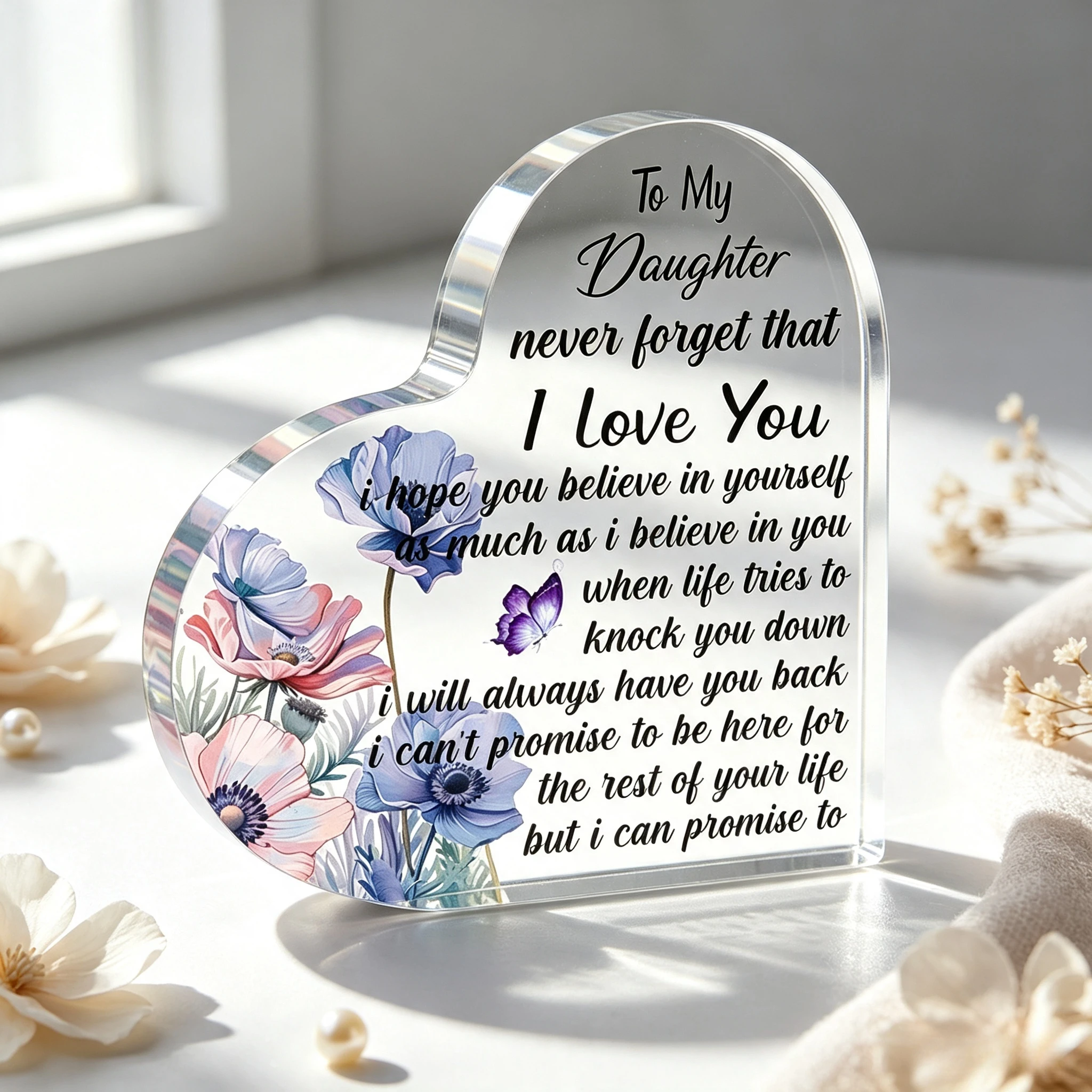 Heart Shaped Acrylic Plaque Gift for Daughter Floral Butterfly Desk Decor,Watercolor Poppy Flower Acrylic Heart Sign Table Decor for Daughter