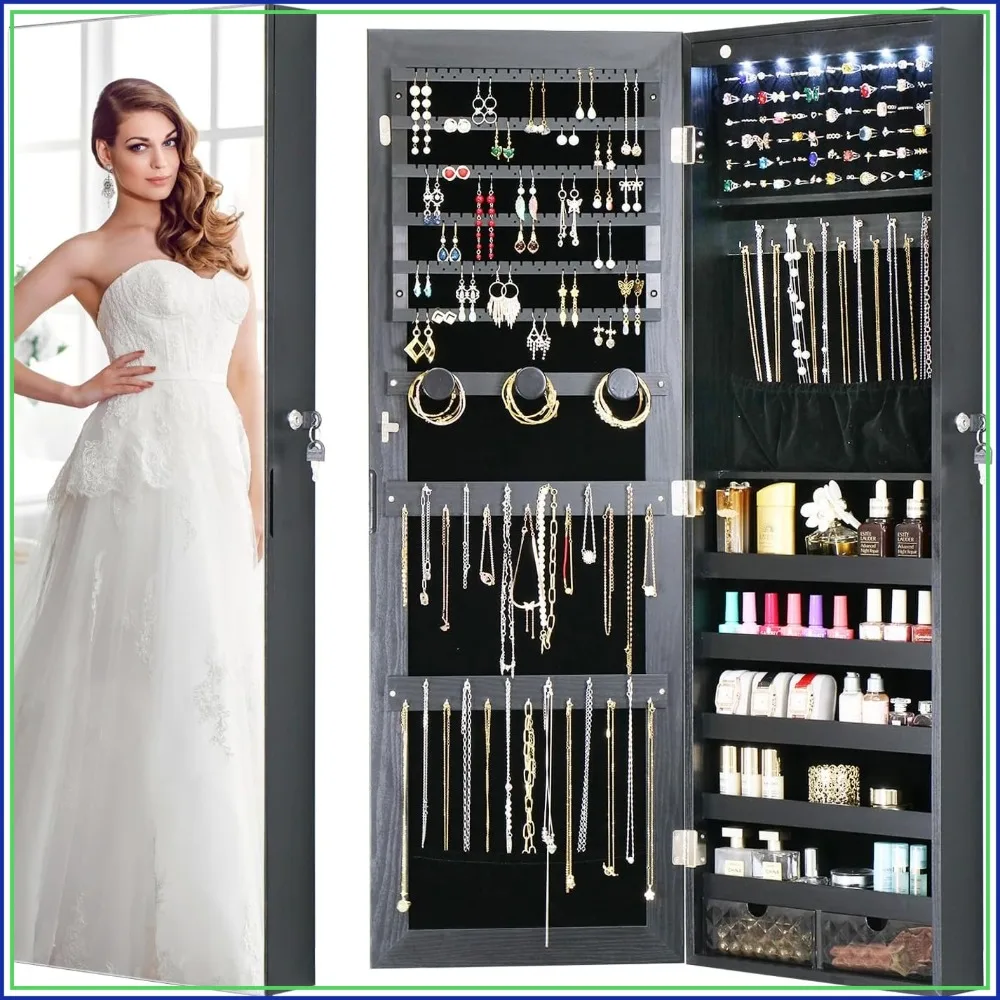 LED Jewelry Cabinet Armoire Organizer, Wall/Door Mount Storage with Full-Length Mirror, Black