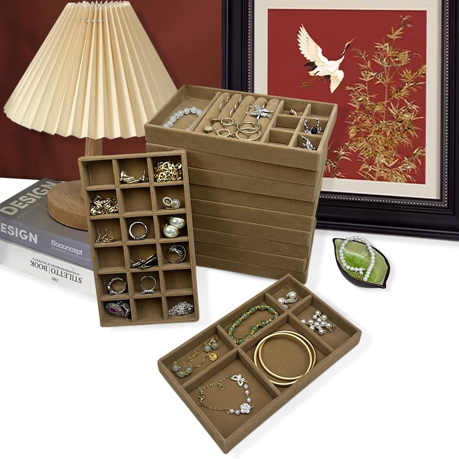 1Pc, Flocking Jewelry Box Jewelry Tray, Color: Brown