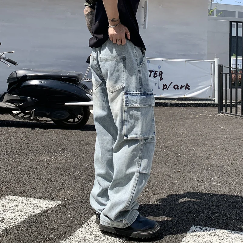 Men's  Washed Cargo Jeans Pants Y2K Streetwear Multi-Pockets Adjustable Drawstring Distressed Vintage Workwear Denim Trousers