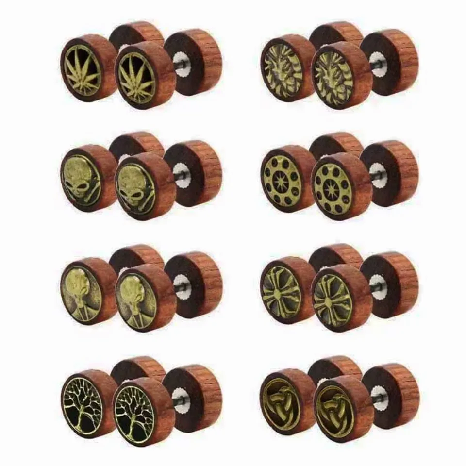 2 Stück Bio-Holz-Löwenkopf/Baum des Lebens/Totenkopf Fake/Alien Fake Ohrringe 16G Illusion Schraubohrringe Piercing Schmuck 10mm – Detail 1