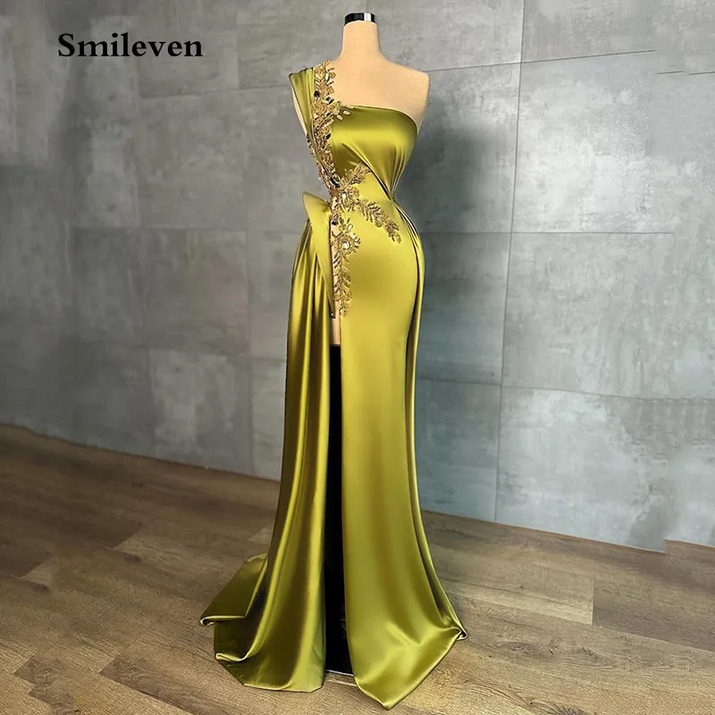 

Smileven Golden Lace Mermaid Evening Dresses Dubai Prom Gowns Robe De Marieer Side Split Satin Prom Party Dress 2023