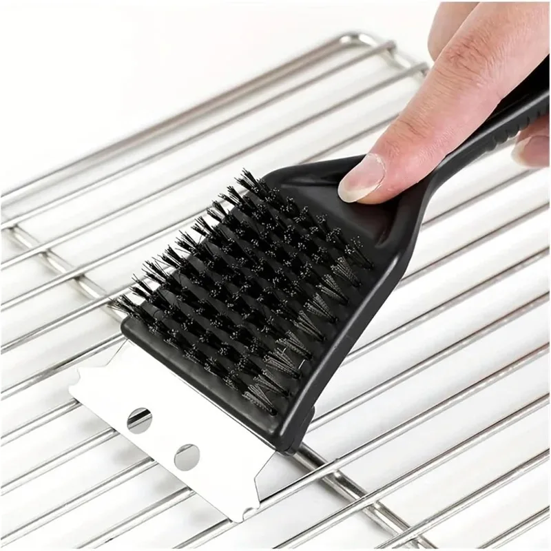 1PC Stainless Steel BBQ Grill Brush with Scraper Thickened Wire Bristles Ergonomic Handle Outdoor Barbecue Grill Cleaning Tool