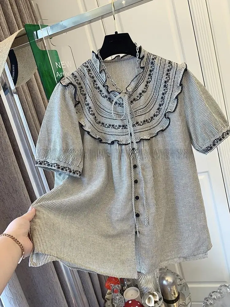 

Полосатая рубашка с короткими рукавами для женщин летом, новая свободная возрастная шикарная кружевная рубашка с пышными рукавами и вышивкой