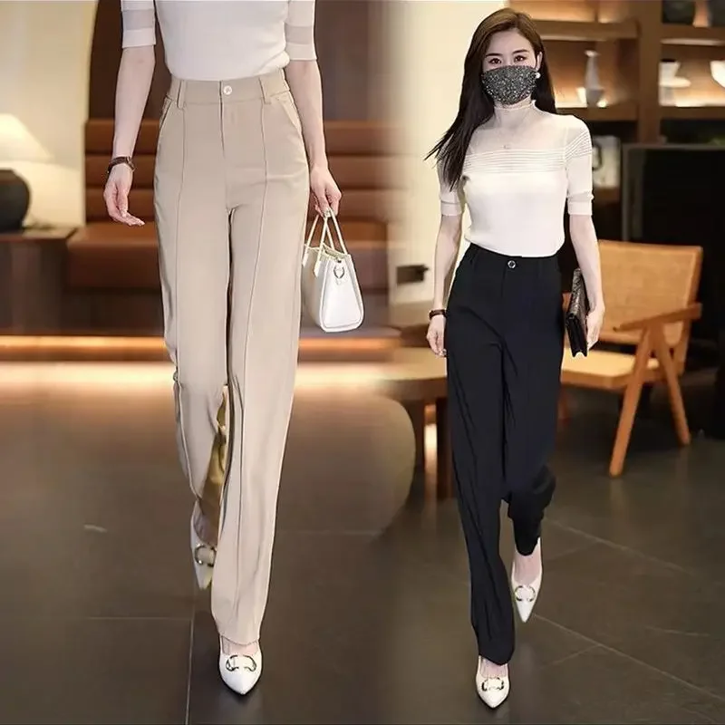 Tailoring Women\'s Pants Straight Leg Work Trousers for Woman High Waist Office Khaki Clothing Solid Cotton One Size Harajuku 90s