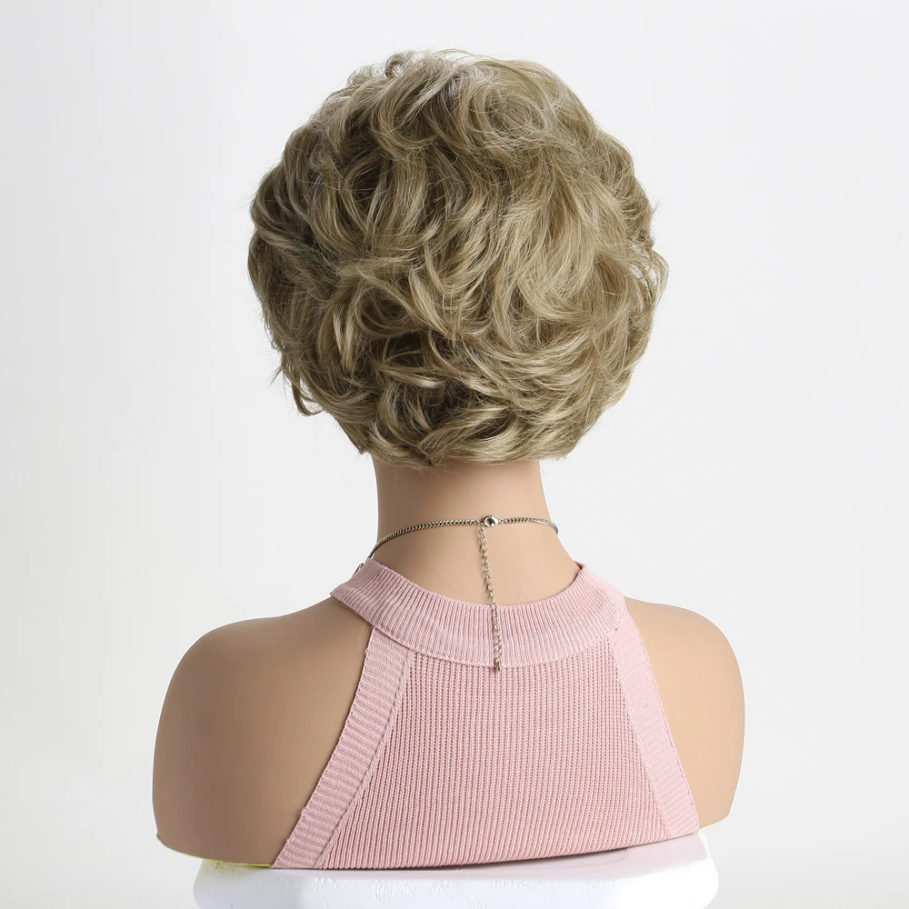 Parrucche sintetiche corte ricce con frangia per donna Parrucca dorata mista Capelli morbidi naturali per mamma per l'uso quotidiano Festa in costume