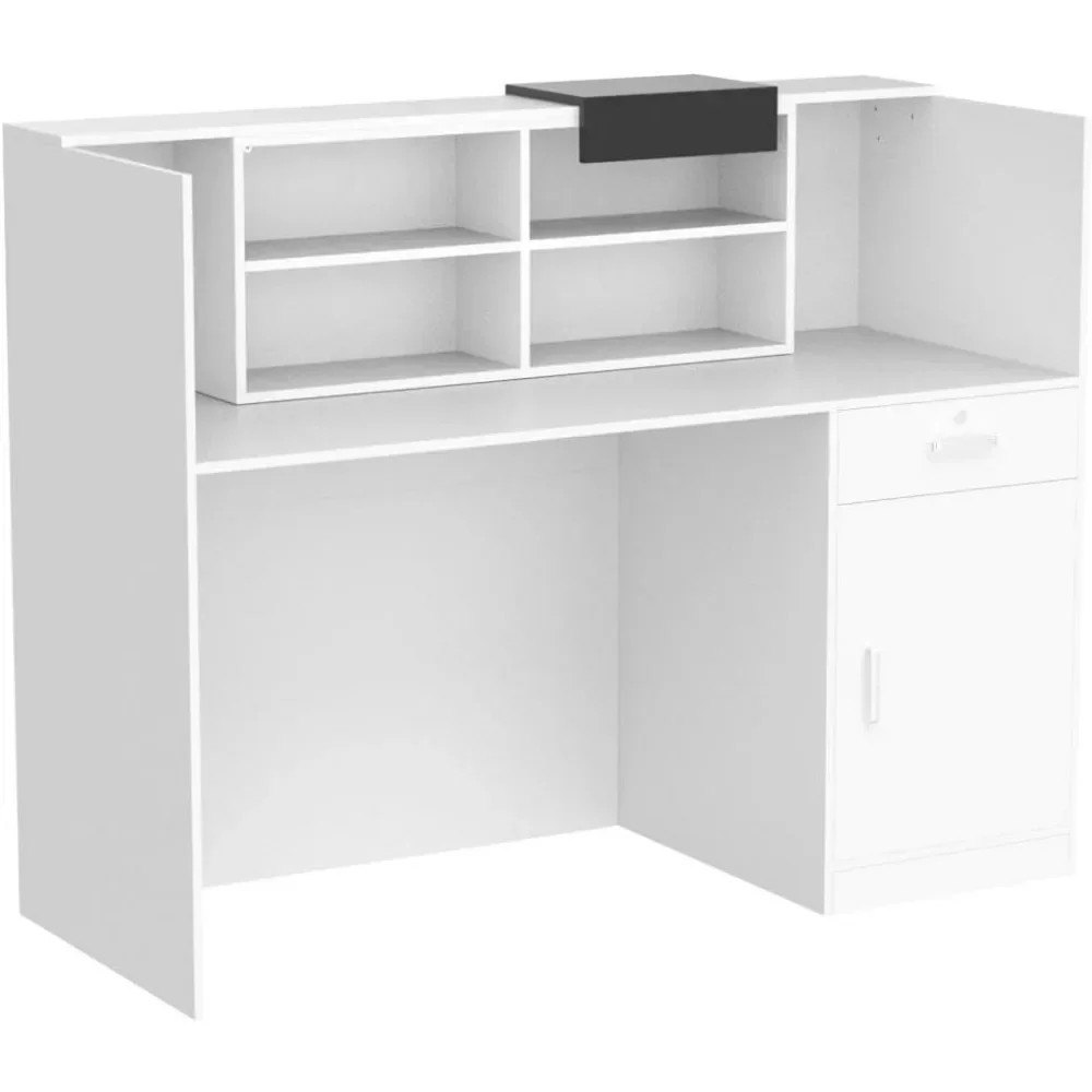 Modern Reception Desk Counter with Hutch, Adjustable Storage Cube, Lockable Drawer & 1 Door Cabinet, Office Wooden Computer