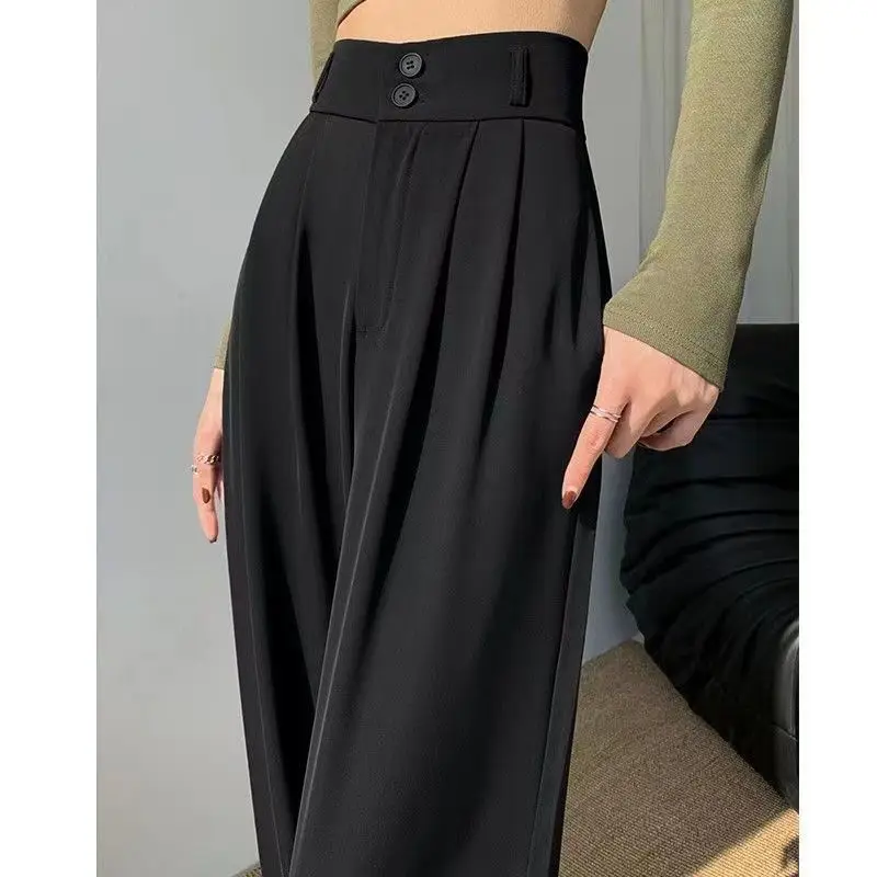 Women Spring Autumn New Commute Fashion High Waist Suit Pants Young Style Button Pockets Zipper Wide Leg Pants Casual Trousers