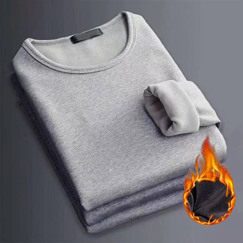 Male Thermo T Shirts Fleece Thermal Underwear For Men Pullover Thick Long Sleeve Thermal Tops Man Slim Bottom Plain Basic Blouse