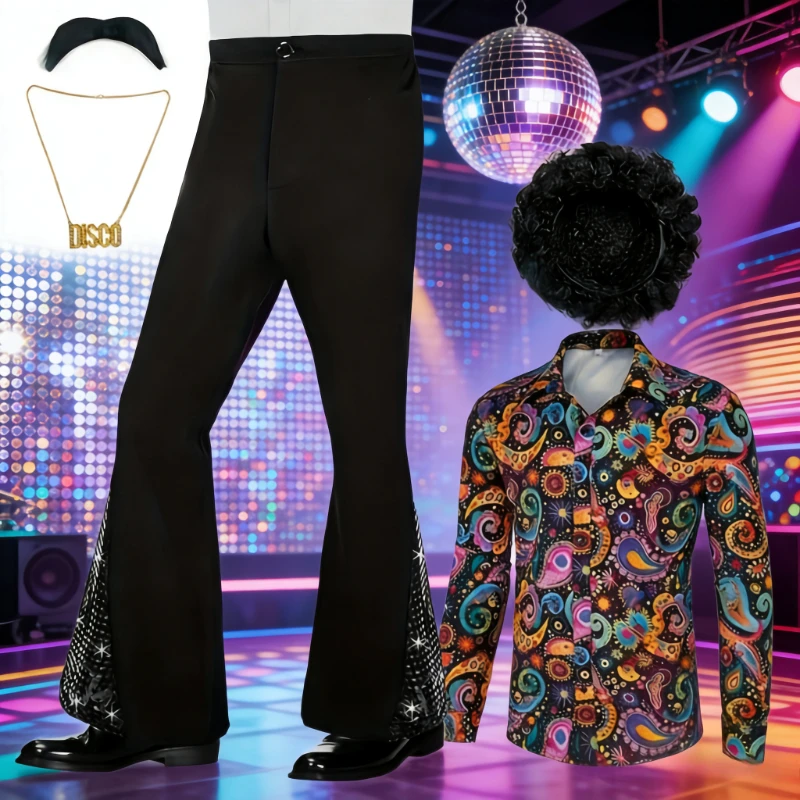 

Пакеты для вечеринок 2026 Весенний новый мужской диско-набор 70-х годов Ретро блестящий сценический наряд Классический повседневный костюм для выступлений Тематическая одежда для вечеринок