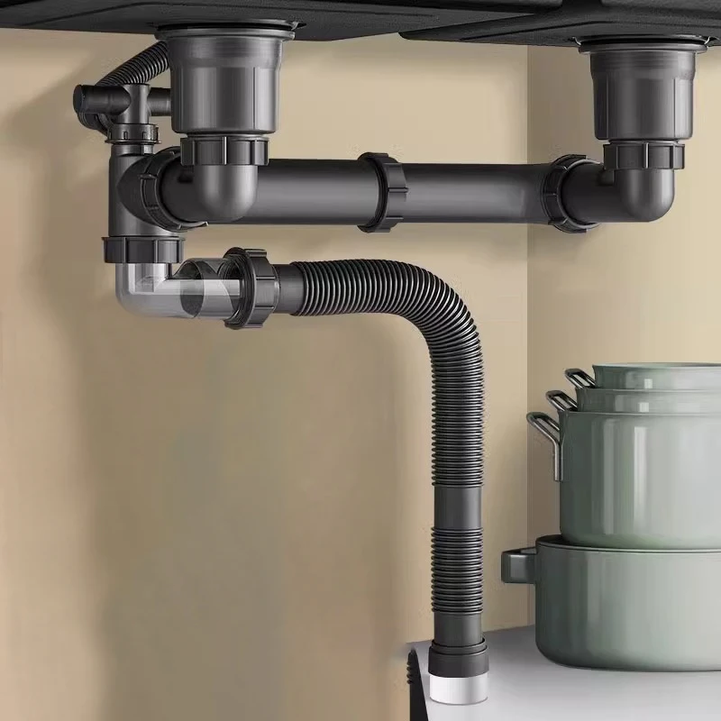 

Universal Kitchen & Bathroom Sink Drain Set Anti-Odour Single/Dual Sink Downpipe Fittings Tee Drain Pipe for Washbasin