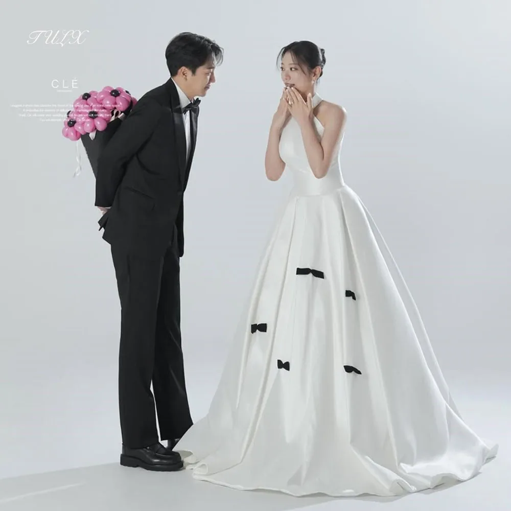 TULX Elegantes A-Linien-Hochzeitskleid aus Satin mit Schleife, Korea, Fotoshooting, Neckholder, ärmellos, langes Brautkleid, Korsett, maßgeschneidert 웨딩드레스