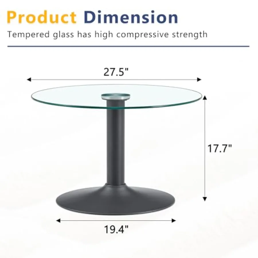Round Glass Coffee Table for Small Spaces, Tempered Glass Top with Black Stainless Steel Pole Support, Black Modern Living Room