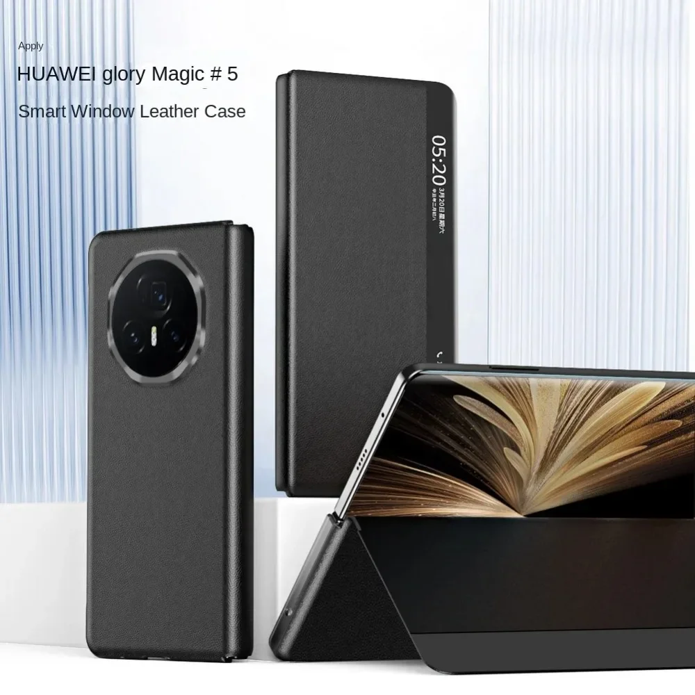 Роскошный деловой кожаный чехол для телефона с личи для Honor Magic V5, умный чехол для сна с магнитной кожаной подставкой, защитный чехол для камеры