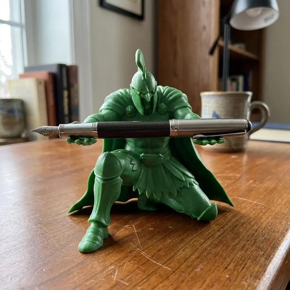 3D Printed Warrior Pen Holder Plastic Vintage Kneeling Knight Pen Rack Waterproof Figurine Fountain Pen Holder