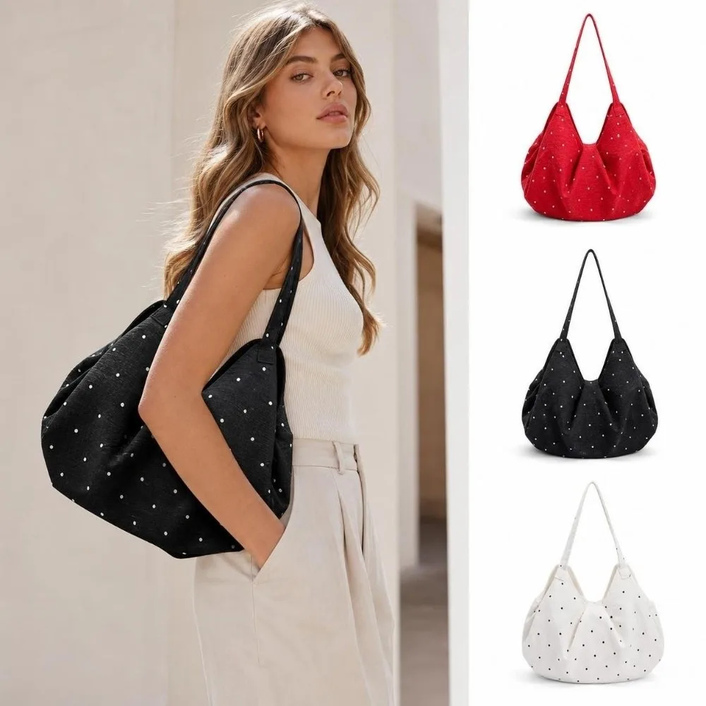 Casual Soft Canvas Tote Bag Lightweight Polka Dot Pattern Canvas Hobo Handbag Large Capacity Open Top Style Pleated Shopping Bag