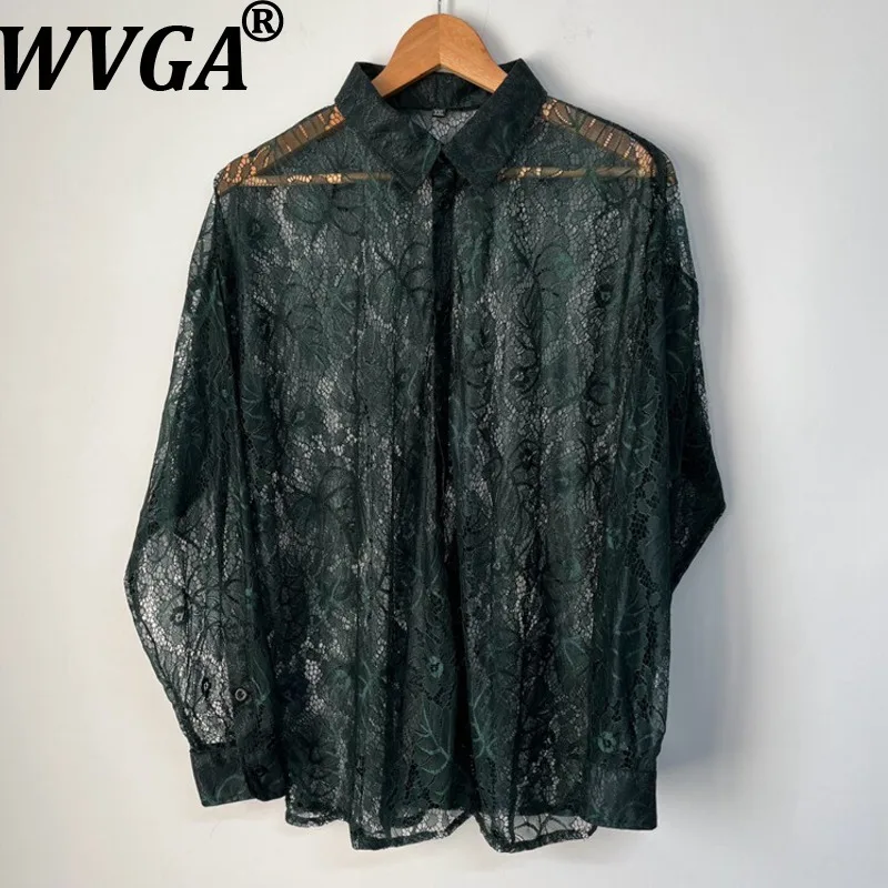 WVGA Spring Summer New Man Lace Mesh Hollow Out Embroidery Long Sleeve Shirts Niche Chic Casual Turn-Down Collar Tops Ins W22122