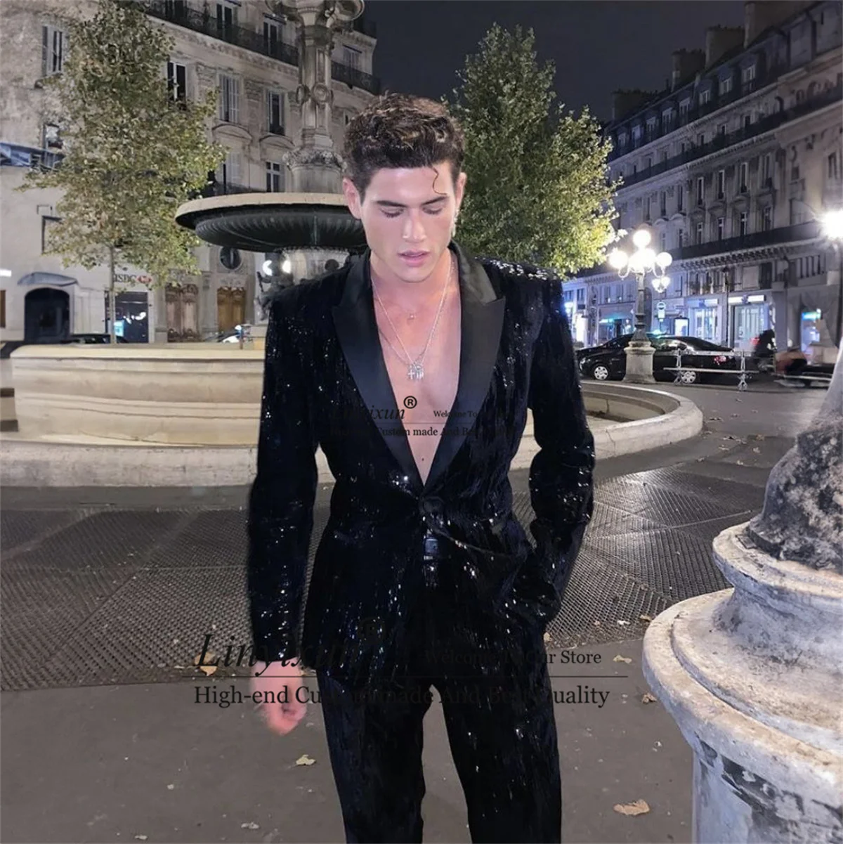 Abiti da sposa con paillettes glitterate per uomo set da 2 pezzi smoking da sposo bavero con visiera blazer da ballo maschile Terno masculinos completo