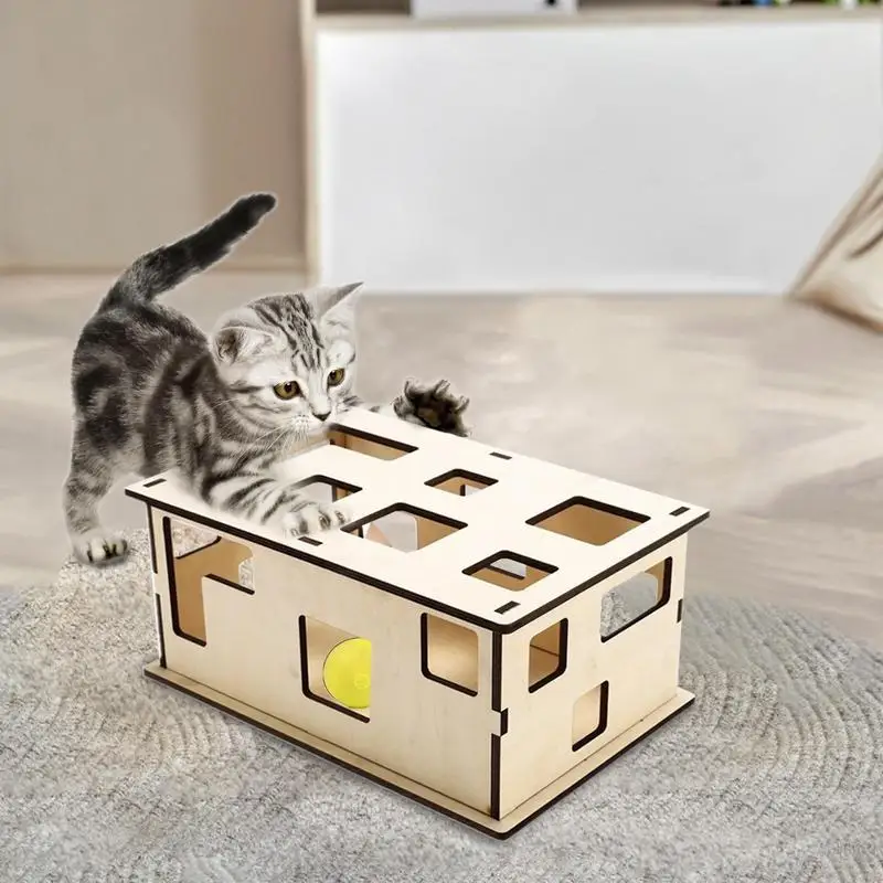 Cat Treat Puzzle Wooden Cat Educational Toy Box Multi-hole Interactive Enrichment Scratching Board Boredom Relief Stimulates