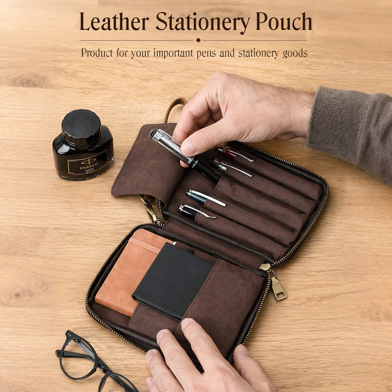 Vintage Top Grain Leather 5 Pen Case Pouch Handmade Pencil Bag for A6 Notebook Cellphone Pocket, Portable Travel Stationery Case