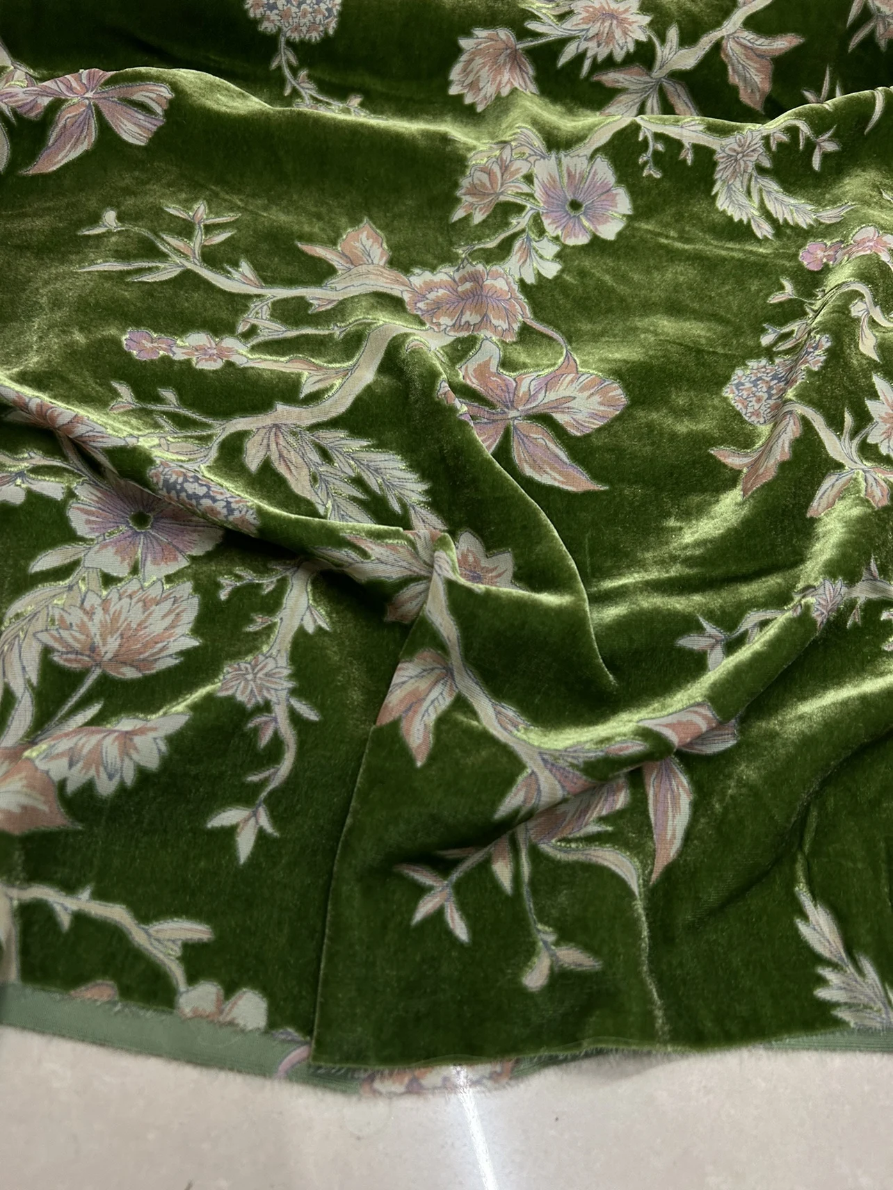 Green Flower Floral Pattern Real Silk Velvet Mulberry Silk Dress Cheongsam Closing Fabric 1 Meter