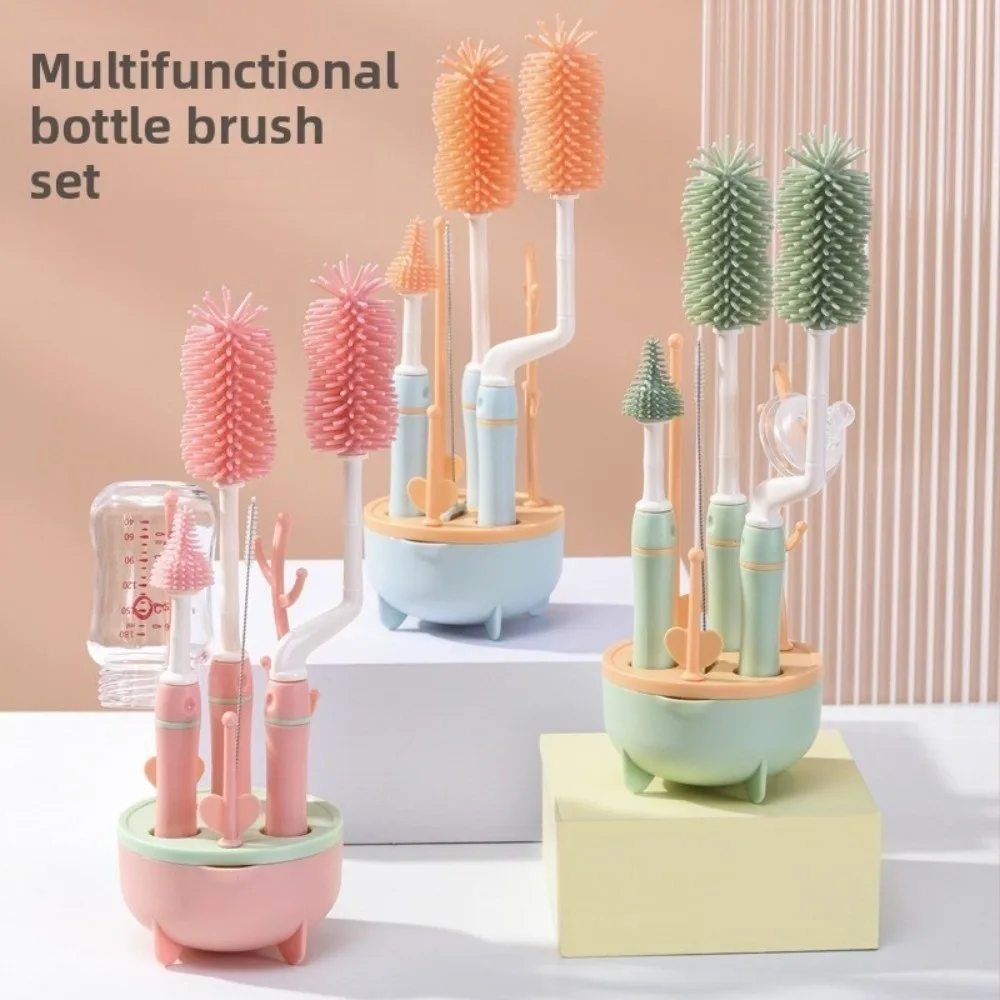 

Soft Head Baby Bottle Cleaner Set 360 Degree Rotation Long Handle Bottle Cleaning Brush Silicone Drying Rack